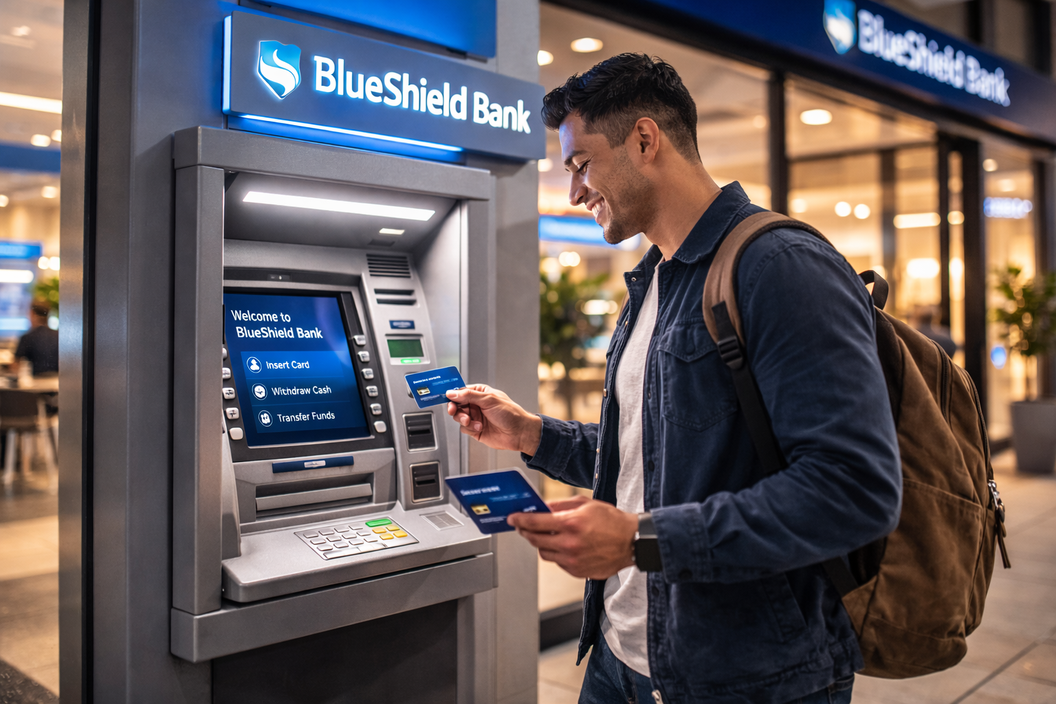 Customer using debit card at an ATM outside a bank branch