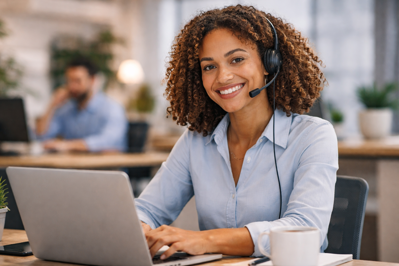 Customer support specialist assisting clients from a modern office