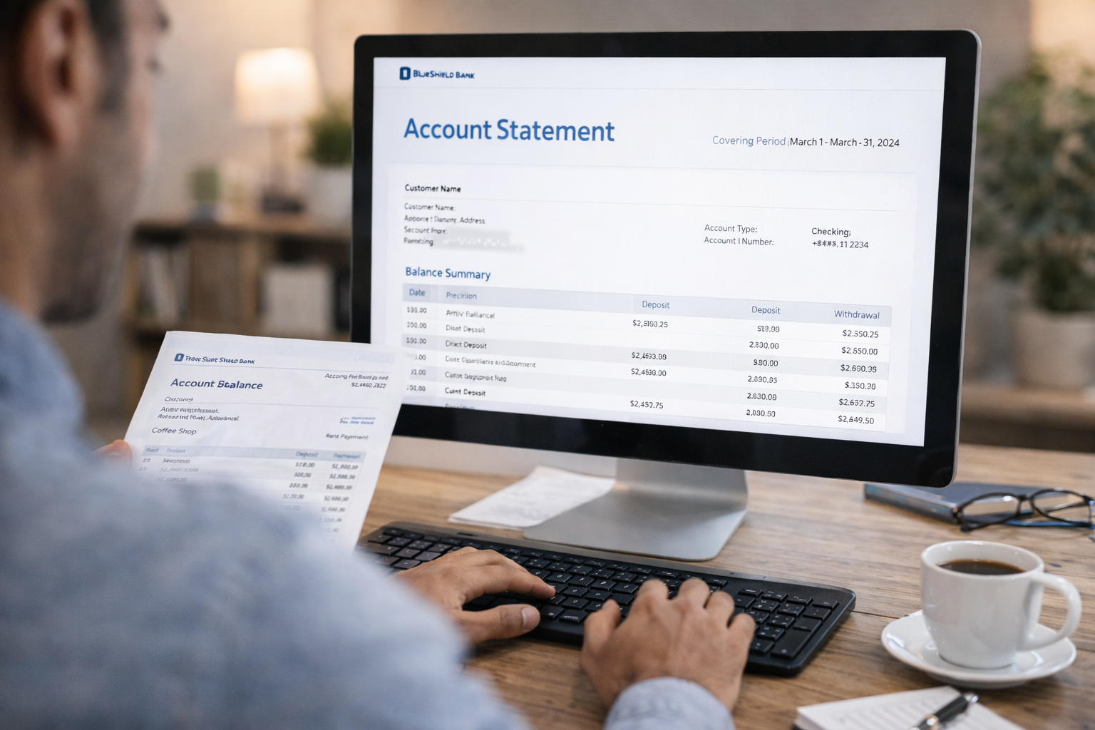 Customer reviewing account statement and transaction history on a desktop screen