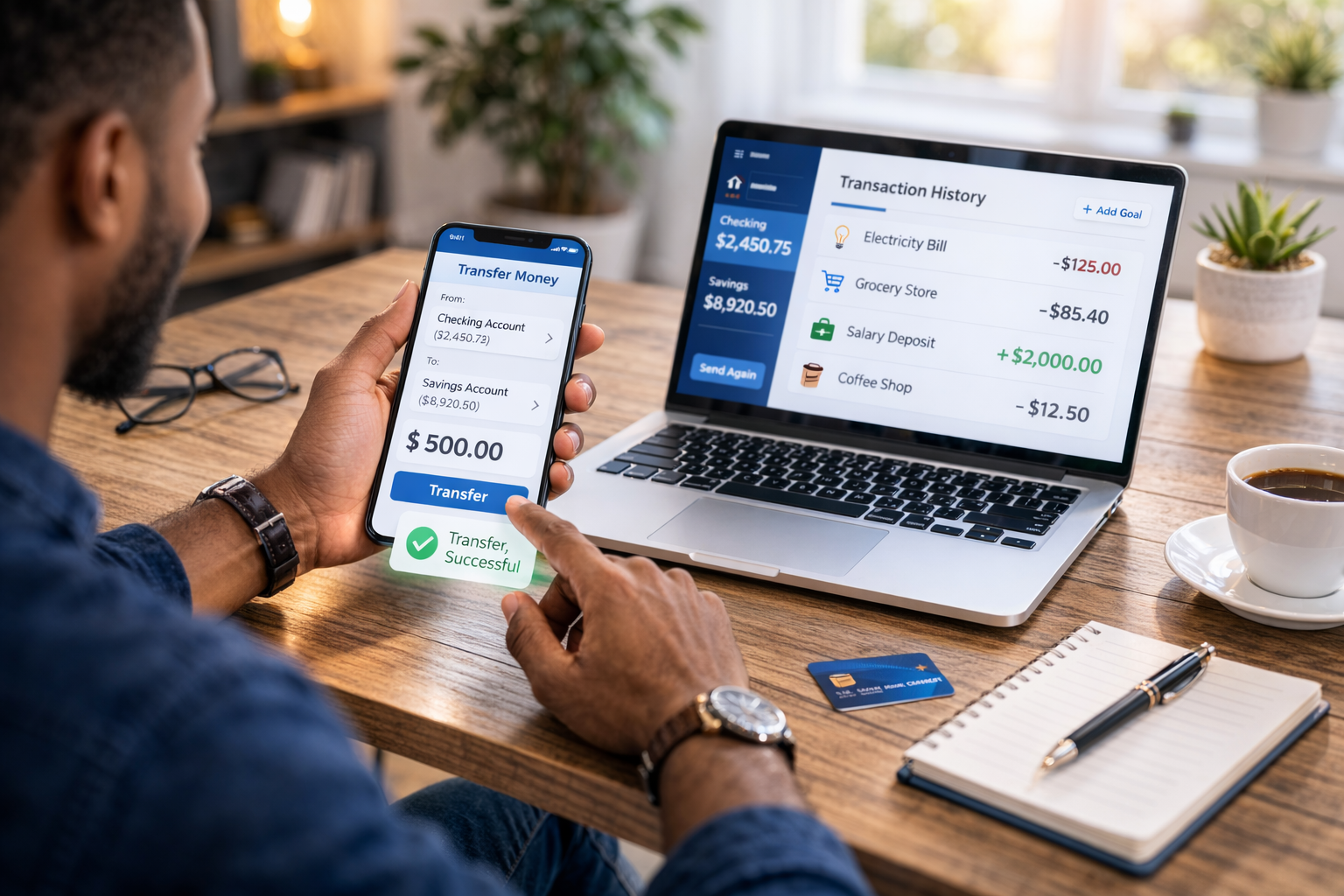 Customer completing a bank transfer using phone and laptop