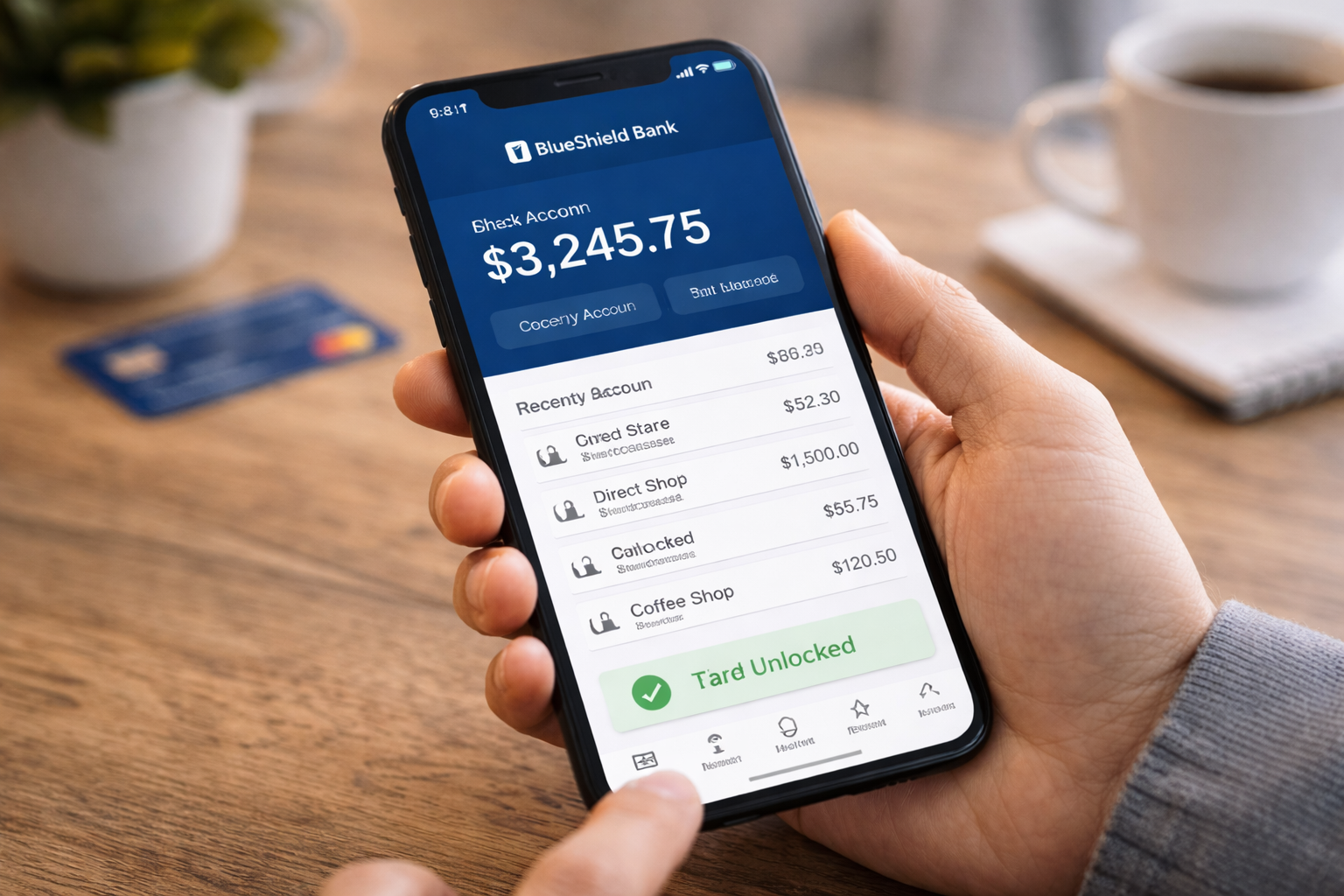 Customer using BlueShield Bank mobile app to view balance and transactions